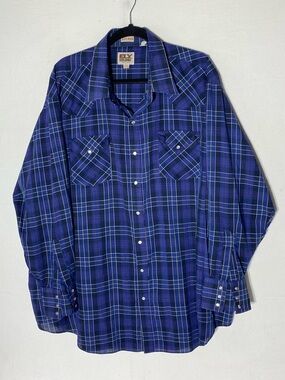 Vintage Ely Cattleman Blue Plaid Long Sleeve Pearl Snap Western Shirt 3XB Cowboy